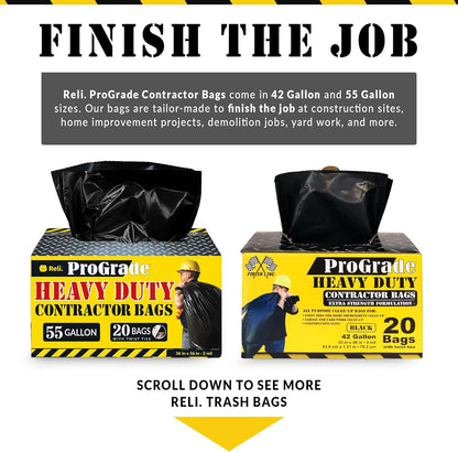 Reli. Contractor Garbage Bags 55 Gallon | 40 Trash Bags | Heavy Duty | Black Contractor