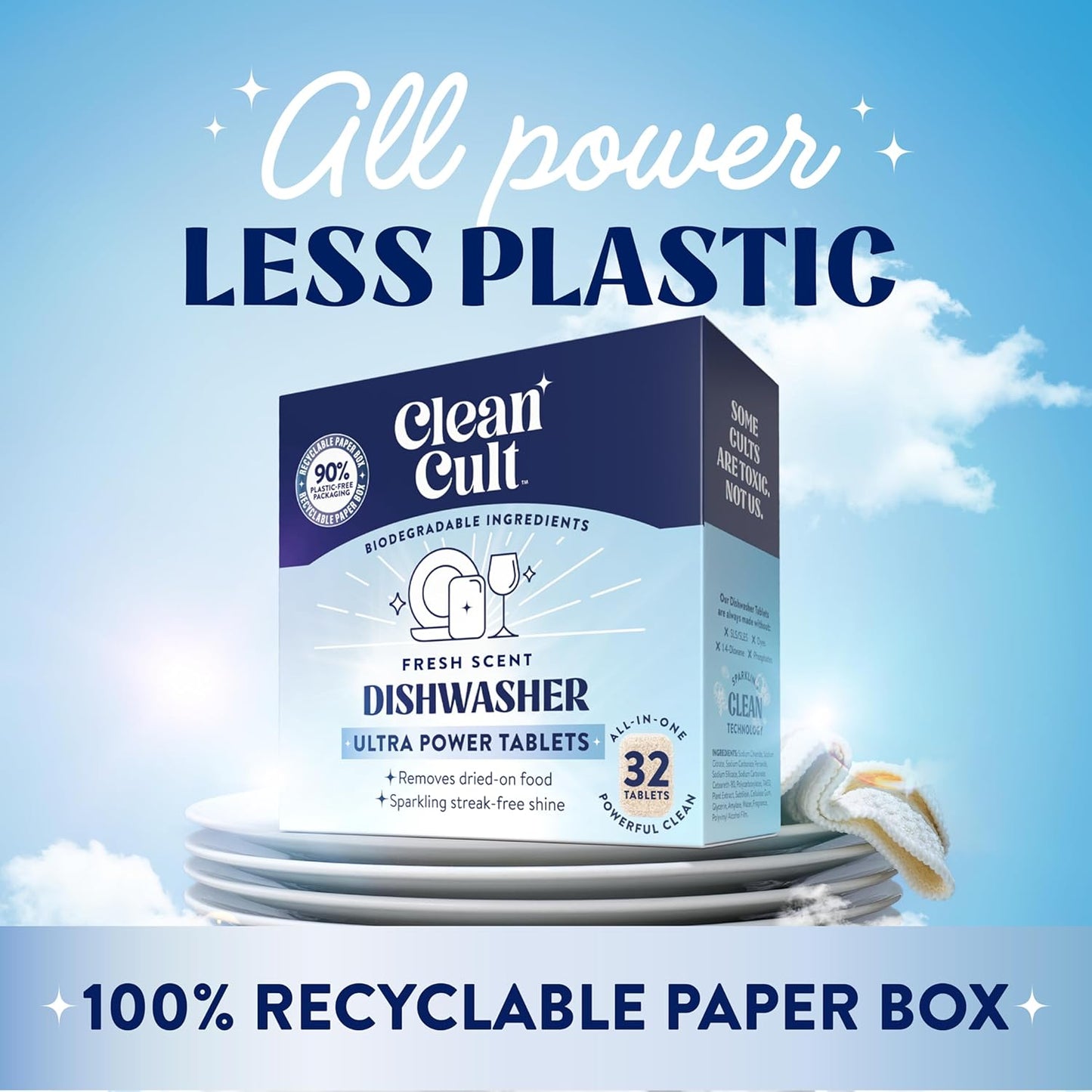 Cleancult Ultra Power Dishwasher Detergent Pods for Sparkling Streak-Free Shine, All-In-One, No Plastic Waste, 32 Count