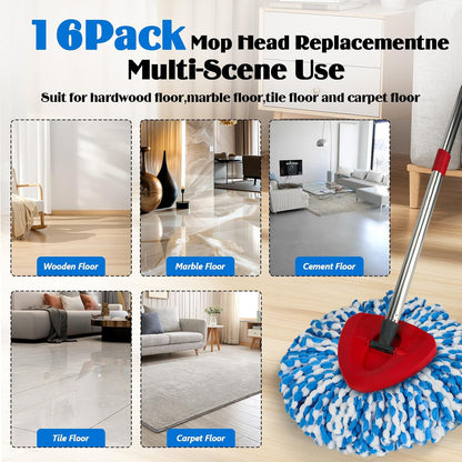Spin Mop Replacement Set for O-Ceda RinseClean 2-Tank System, 16 Microfiber Spin Mops Refills,1 Scrubber Head,1 Triangle Spin Base,and(31-63in) Adjustable Handle Set Combo