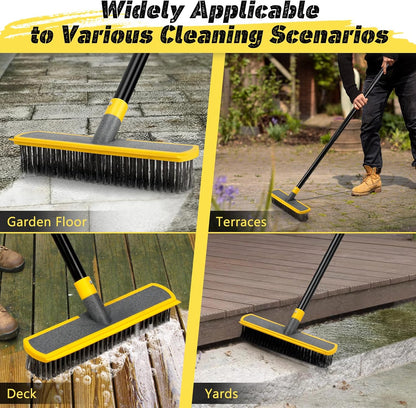 Heavy Duty Broom Wire Floor Scrub Brush with Long Handle, 2 in 1 Scrape and Stainless Steel Bristle Brooms Scrubber for Deck Concrete Patio Outdoor Moss Removal