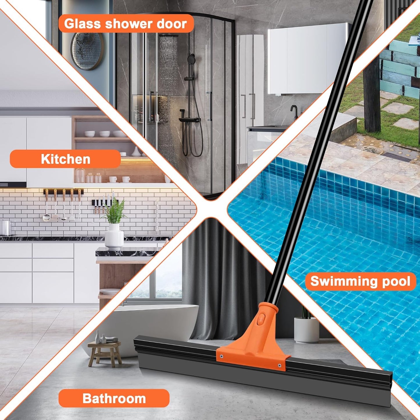 JEHONN Floor Squeegee Heavy Duty with 58.3 inches Long Handle, Rubber Scraper Broom for Cleaning Foam Water on Garage Concrete Bathroom Tile Marble Shower Glass Shop Deck Window Indoor Outdoor Green