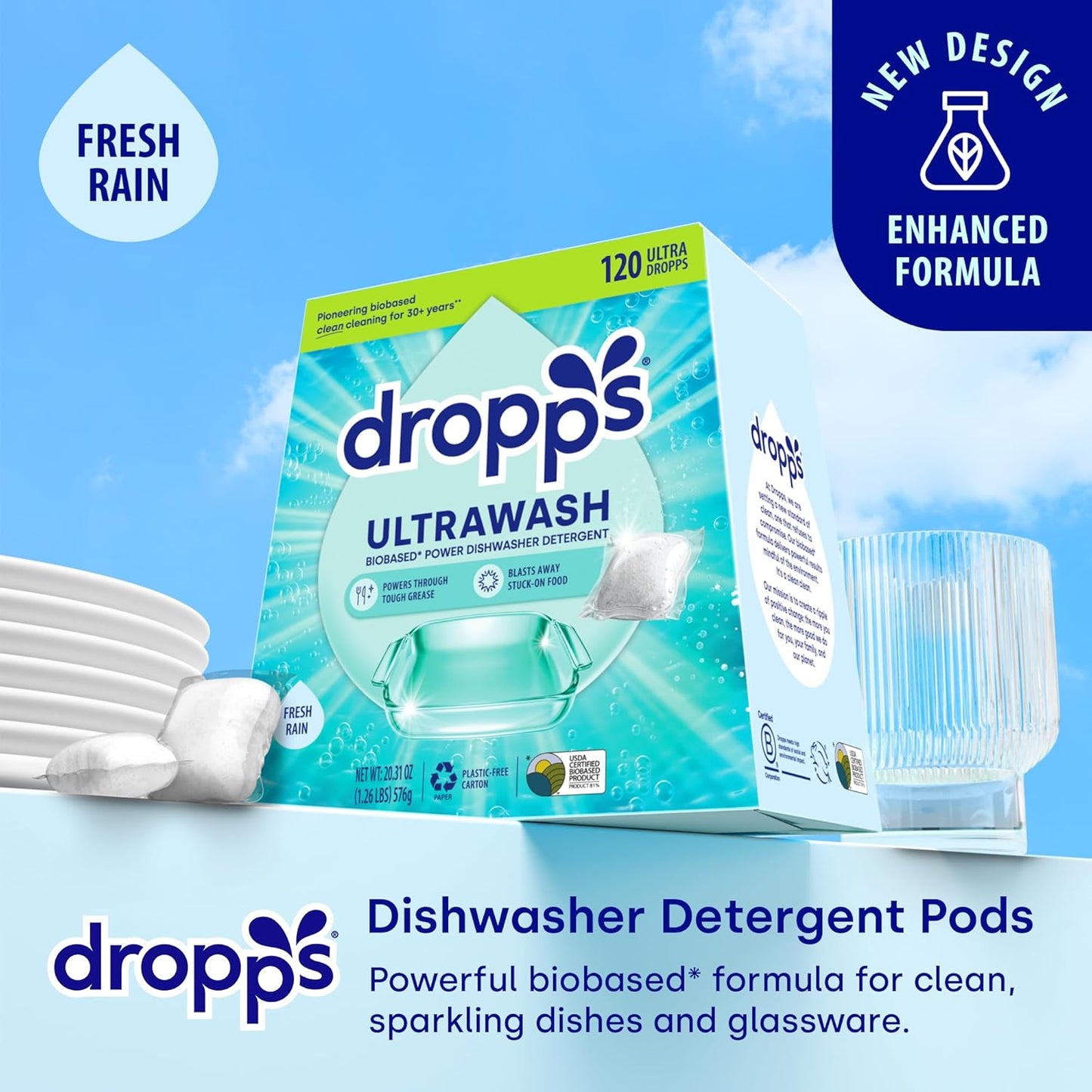 Dropps UltraWash Dishwasher Detergent Pods, Lemon Citrus (32 Ct) - Cuts Grease & Stuck-On Food | Sparkling Dishes & Glasses | Residue-Free | Clean Ingredients | No Pre-Rinse | Plastic Free Packaging