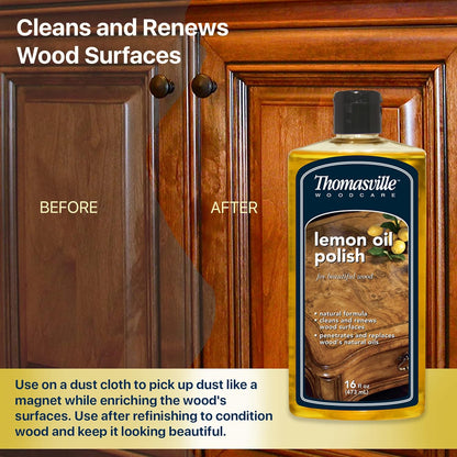 Thomasville LEMON OIL POLISH - Wood Cleaner & Furniture Polish, Cleans, Renews, Restores & Rejuvenates Surfaces, Protects Wood from Drying or Cracking, Leaves a Shiny Finish, 16oz