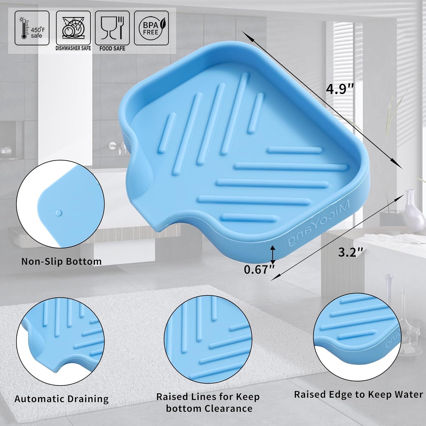 MicoYang Silicone Bathroom Soap Dishes with Drain Spout-Bathroom and Kitchen Sink Organizer,Sponge Holder,Dish Soap Tray,Perfect for Dispenser,Scrubber,Bottle,Cup on Sink or Counter-Black 4.9"×3.2"