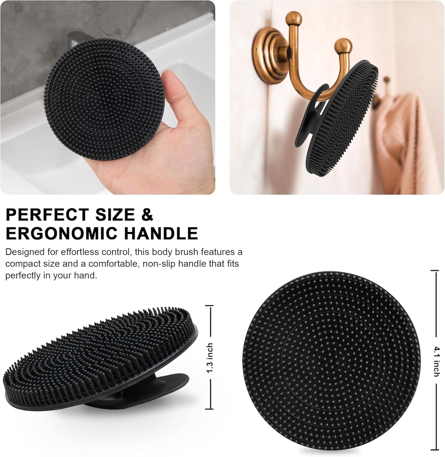 INNERNEED Food-Grade Soft Silicone Body Scrubber Shower Brush Handheld Cleansing Skin Brush, Gentle Exfoliating and Lather Well (Black)