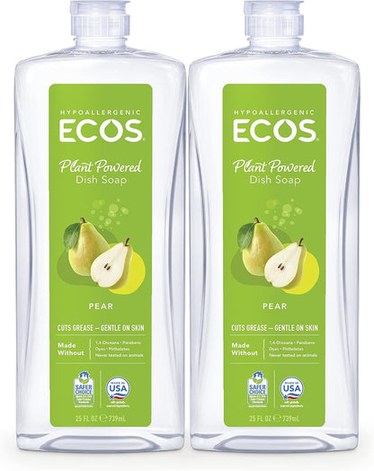 ECOS Dish Soap - Cuts Grease & Food Residue - No Harsh Chemicals - Hypoallergenic for Sensitive Skin - Biodegradable Formula, Recyclable Sustainable Liquid Dishwashing Soap - Natural Pear (Pack of 2)