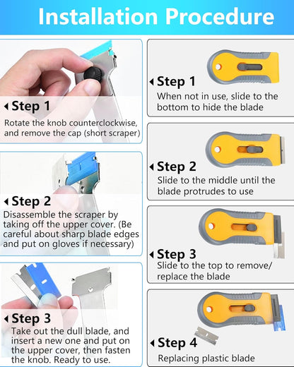 2 Pack Razor Blade Scraper with 10 Plastic and 20 Metal Blades for Removing Paint, Registration Sticker, Grease from Windshield, Glass Top Stove Cooktop Scraper