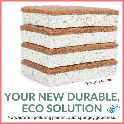 bioGo 12 Pack Natural Biodegradable Kitchen Sponges - Eco-Friendly, Compostable, Cellulose Dish - Compostable - Biodegradable - Cellulose Sponge