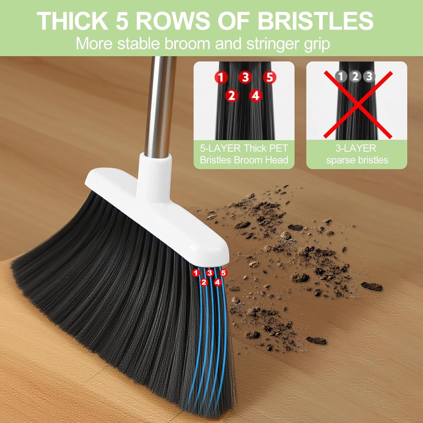 Broom and Dustpan Set, Broom Dustpan Combo Set for Home Commercial Cleaning Supplies Angle Broom with Long Handle Perfect for Courtyard Garage Street (Green)