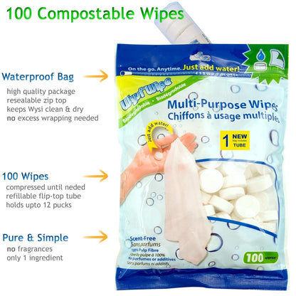 WYSI Multi-Purpose Wipes - Just Add Water - 100 Compressed Tablets & 1 To Go Tube - Multipurpose All Natural Reusable Wipes - Biodegradable Towelettes - Hypoallergenic - Compostable - Scent-Free.
