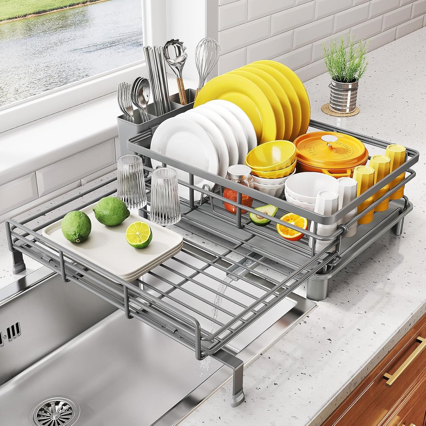 SNTD Dish Drying Rack - Extendable Dish Rack, Large Sink Drying Dish Drainer for Kitchen Counter, Stainless Steel Dish Strainer with Utensil Holder (Black)