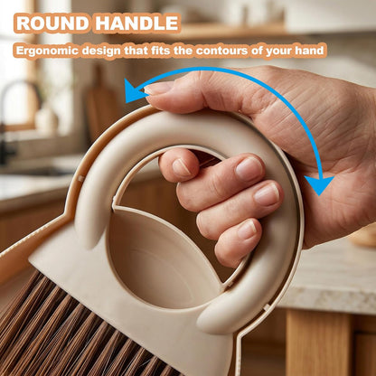 Mini Broom and Dustpan Set with Round Handle, Compact Small Hand Broom with Soft Bristles for Kitchen Counter, Desk, Drawer, Pet Area & Car Interior, Space-Saving Portable Cleaning Tool (Coffee)