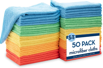 S&T INC. 150 Pack Microfiber Cleaning Cloth, Bulk Towels for Home, Reusable Microfiber Towels for Cars, Cleaning Rags, Assorted, 11.5 Inches x 11.5 Inches, 150 Count