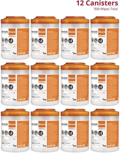 Sani-Cloth Bleach Disposable Wipes, Full Case, Hospital-Grade Surface Disinfecting Wipes for Healthcare and Bathroom, Large Wipe, 6" x 10.5", 75 Wipes per Canister, 12 Canisters Total, 900 Total Wipes