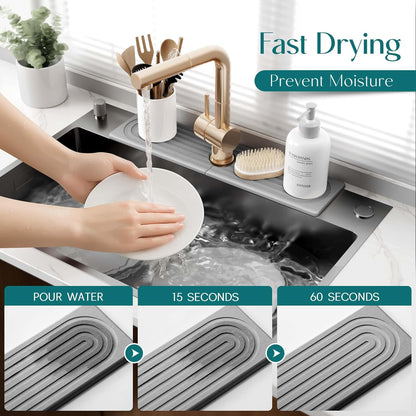 Eormoe Faucet Mat for Kitchen Sink – Diatomite Stone Drying Mat & Sink Protectors, Prevent Moisture – Sink Splash Guard Water-Absorbing Stone Tray for Bathroom Counter (Light Grey, 23.6" x 3.9")