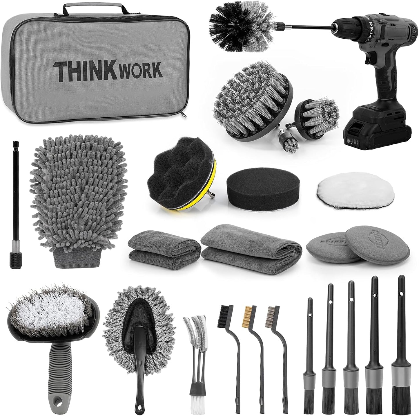 THINKWORK Windshield Cleaner Tool, Car Interior Cleaning Kit, Car Detailing Kit Interior Cleaner with10Pcs Detailing Brush Set, Gray Auto Detailing Supplies & Accessories