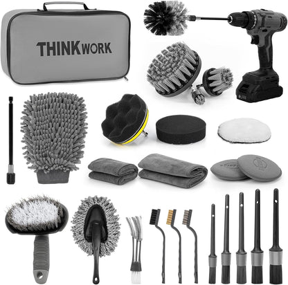 THINKWORK Windshield Cleaner Tool, Car Interior Cleaning Kit, Car Detailing Kit Interior Cleaner with10Pcs Detailing Brush Set, Gray Auto Detailing Supplies & Accessories