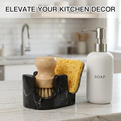 White Marble Sponge Holder for Kitchen Sink, 2-in-1 Sponge & Brush Holder with Raised Edge, 2 Slot Natural Stone Sink Caddy for Countertop, Keeps Countertops Dry, Non-Slip Base, Modern Kitchen Decor