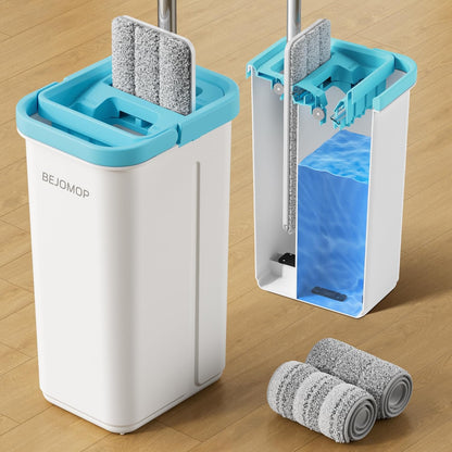 Mop and Bucket Set, Mops for Floor Cleaning with Long Handle, Squeeze Flat Mop and Bucket System, Dry & Wet Dust Mop for Household Floor Cleaning with 5 Microfiber Mops, Slate Blue