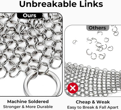 Amagabeli Cast Iron Cleaner 8"x6" Premium Stainless Steel Chainmail Scrubber Cast Iron Skillet Cleaner for Pan Pot Wok Griddles BBQ Grills Cast Iron Cleaning