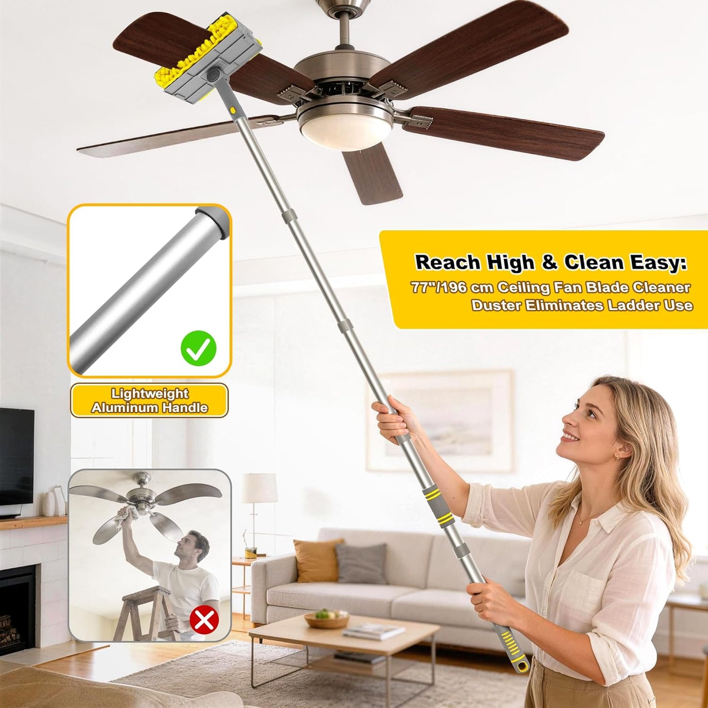 JEHONN 77” Ceiling Fan Cleaner Duster with Extra Bendable Chenille Dust Cleaning Tool, Detachable Washable Mop for Baseboard, Blinds, Walls, Floors & Car Interiors (Yellow)