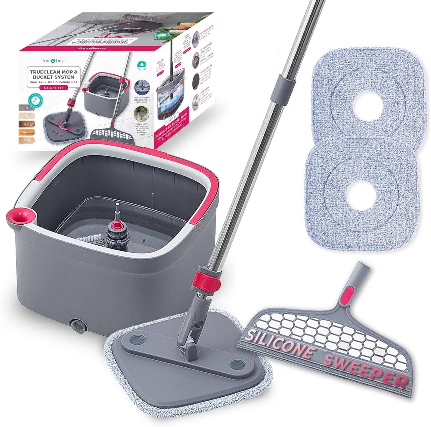True & Tidy® True Clean Mop and Bucket System, Includes Square Spin, Dual Compartment Mop Bucket and 2 Thick Machine Washable Pads New Upgraded with Side Brush & Self Standing Handle, Rose