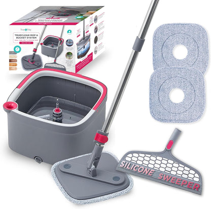 True & Tidy® True Clean Mop and Bucket System, Includes Square Spin, Dual Compartment Mop Bucket and 2 Thick Machine Washable Pads New Upgraded with Side Brush & Self Standing Handle, Rose