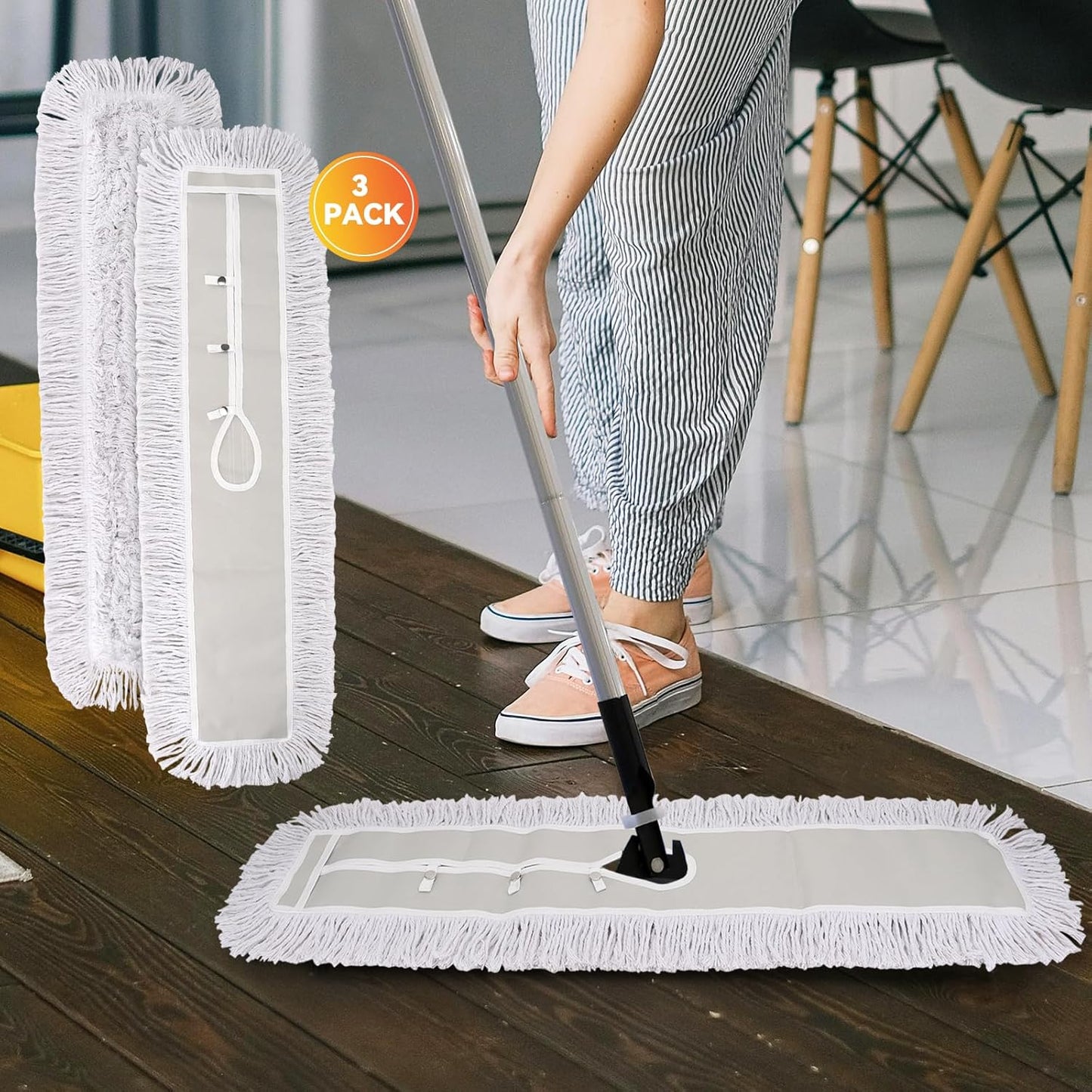 36 Inch Dust Mop Head: Replacement Medium Washable Commercial Mop Head Sweeper and Janitorial Replacement with Botton (White - 36 Inch, 3 Pack, Botton)