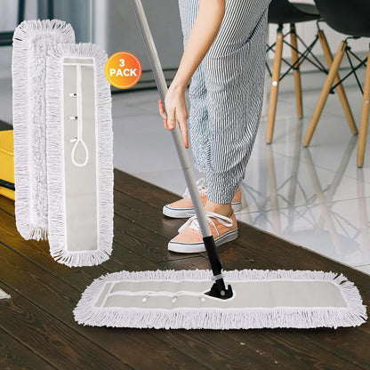 36 Inch Dust Mop Head: Replacement Medium Washable Commercial Mop Head Sweeper and Janitorial Replacement with Botton (White - 36 Inch, 3 Pack, Botton)