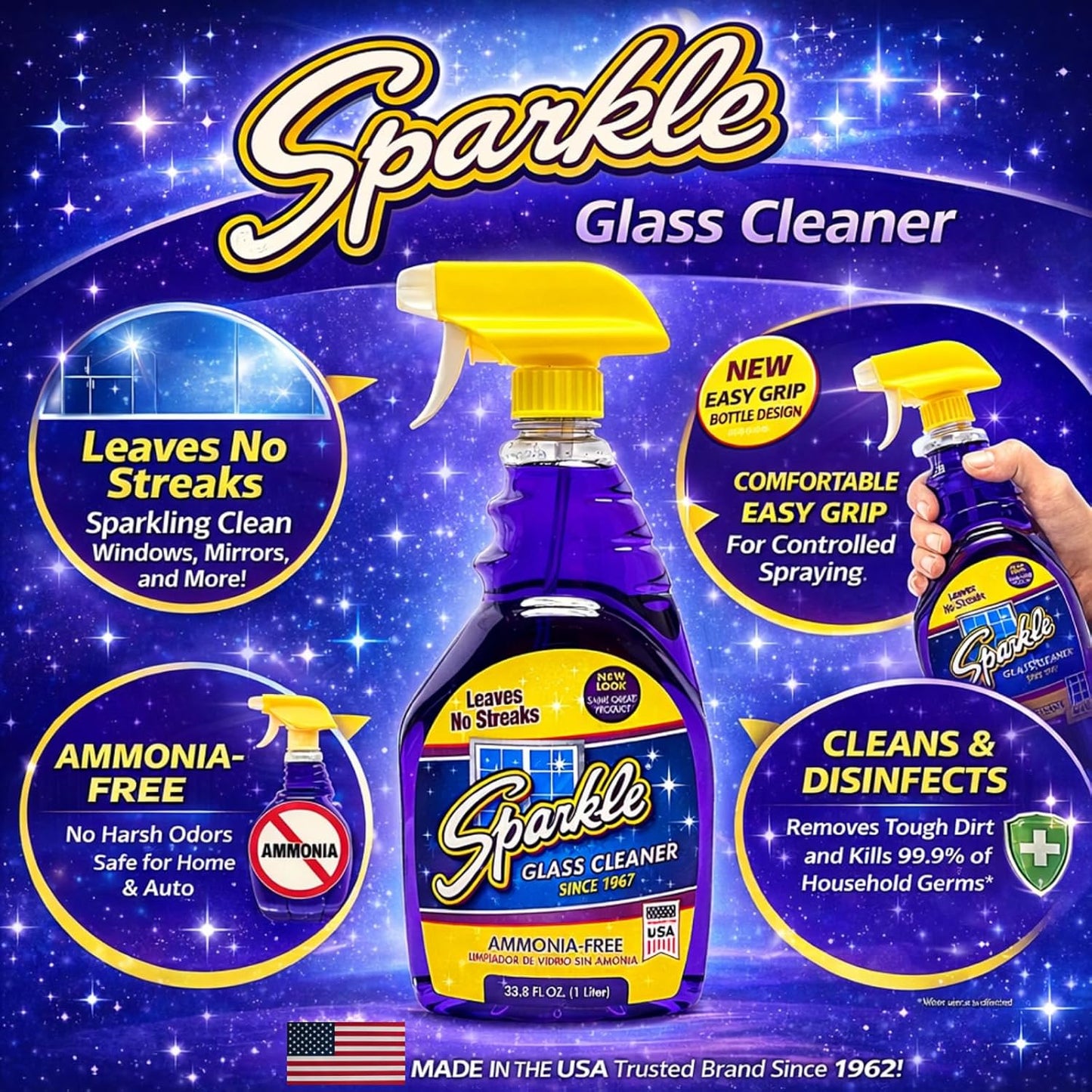 Sparkle Ammonia-Free Glass Cleaner Refill, Heavy Duty Streak-Free Window & Mirror Cleaner Spray, Original Formula, 2L Bottle (Pack of 2)