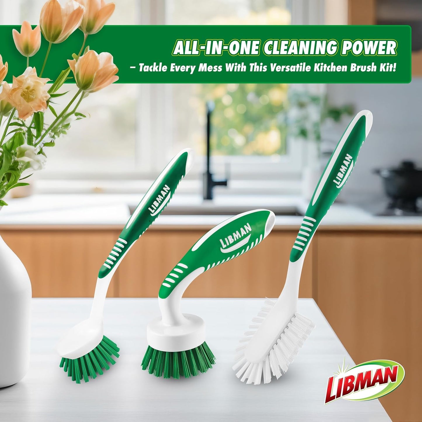 Libman Heavy Duty Scrub Brush Kit | Cleaning Brushes for Household Use | Tub Scrubber | Easy Grip Scrub Brush | Big Job Kitchen Brush | Dual Sided Tile & Grout Brush | 3 Different Brushes Included