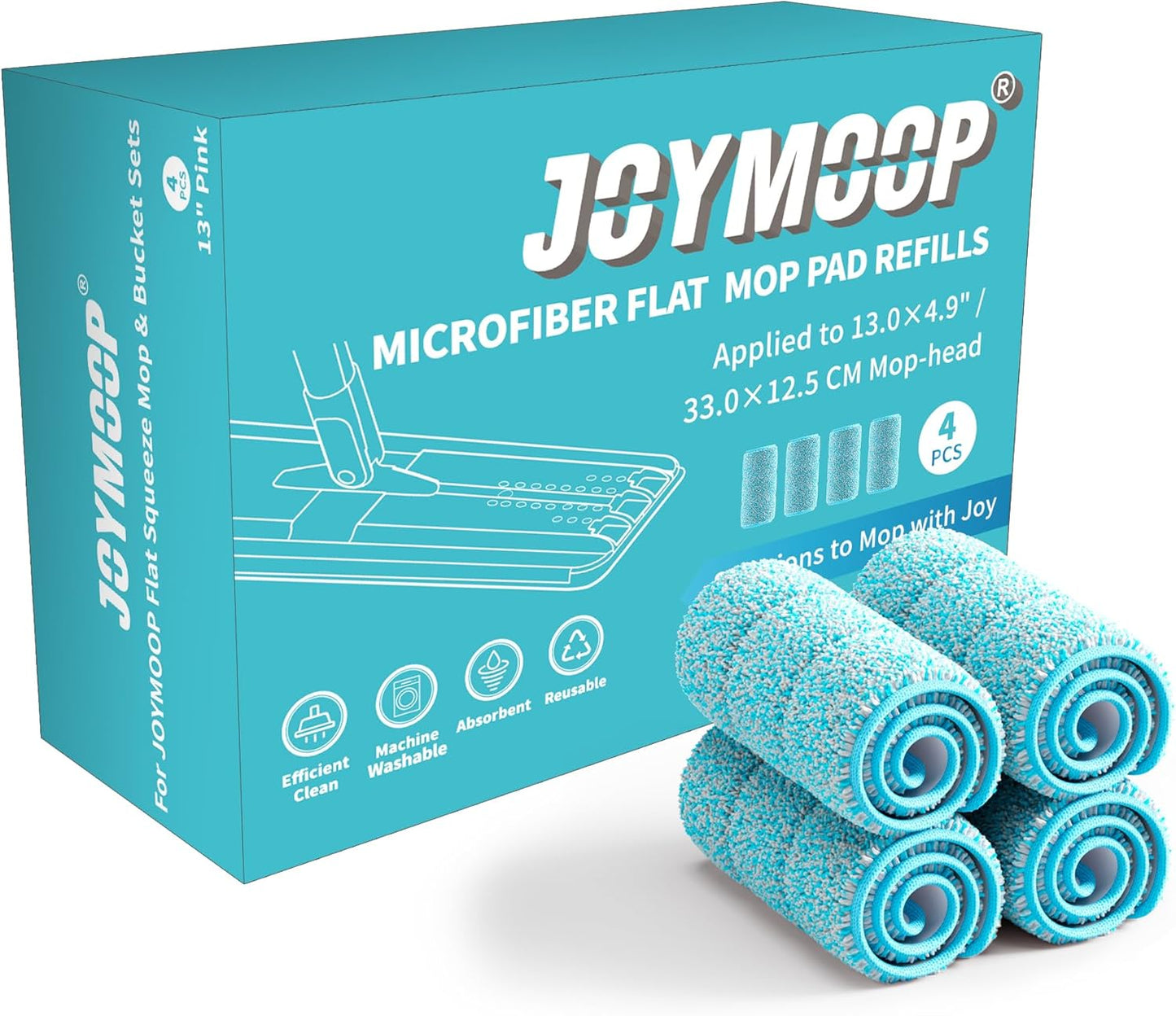 JOYMOOP 17.7-Inch Microfiber Flat Mop Replacement Pads – Washable Reusable Grey & Stripe, Pack of 4 Heavy-Duty Wet & Dry Refill for JOYMOOP Flat Mop & Bucket System