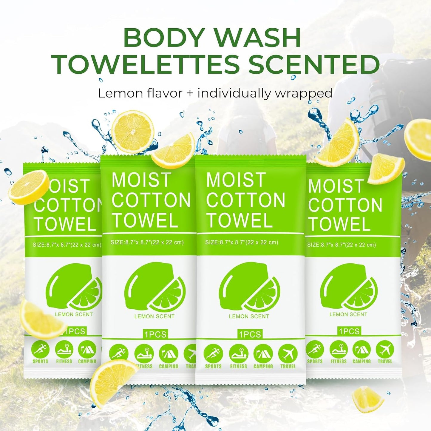 Body Wash Towelettes Scented Lemon Moist Cotton Towel 8.66''x8.66'' Deodorant Wipes Travel Size Individually Wrapped Bulk for Hiking Gym Camping Outdoor Sports (100 Pack)