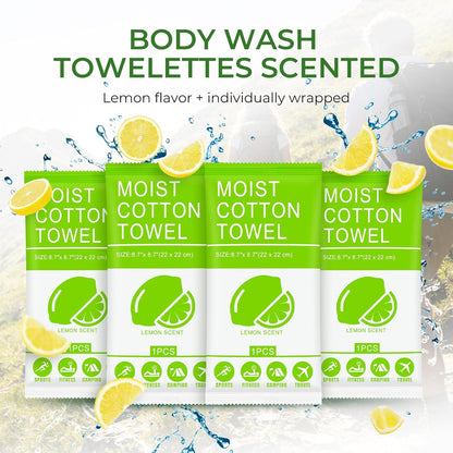 Body Wash Towelettes Scented Lemon Moist Cotton Towel 8.66''x8.66'' Deodorant Wipes Travel Size Individually Wrapped Bulk for Hiking Gym Camping Outdoor Sports (100 Pack)