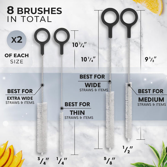 Buenalife Heavy Duty Cleaning Brushes Set of 4 - Extra Long Straw Cleaners for Metal and Plastic Reusable Drinking Straws, to Clean Small Spaces, Sippy Cups, Water Bottles - Sturdy Hard Brush Bristles