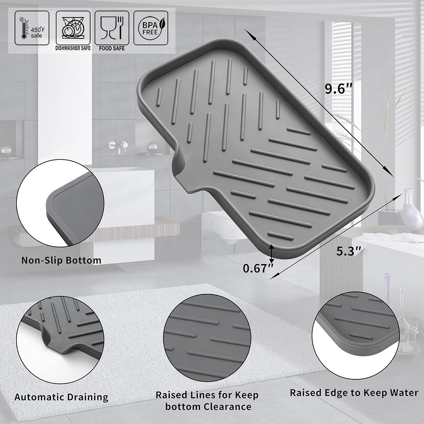 MicoYang Silicone Bathroom Soap Dishes with Drain Spout-Bathroom and Kitchen Sink Organizer,Sponge Holder,Dish Soap Tray,Perfect for Dispenser,Scrubber,Bottle,Cup on Sink or Counter-Black 4.9"×3.2"