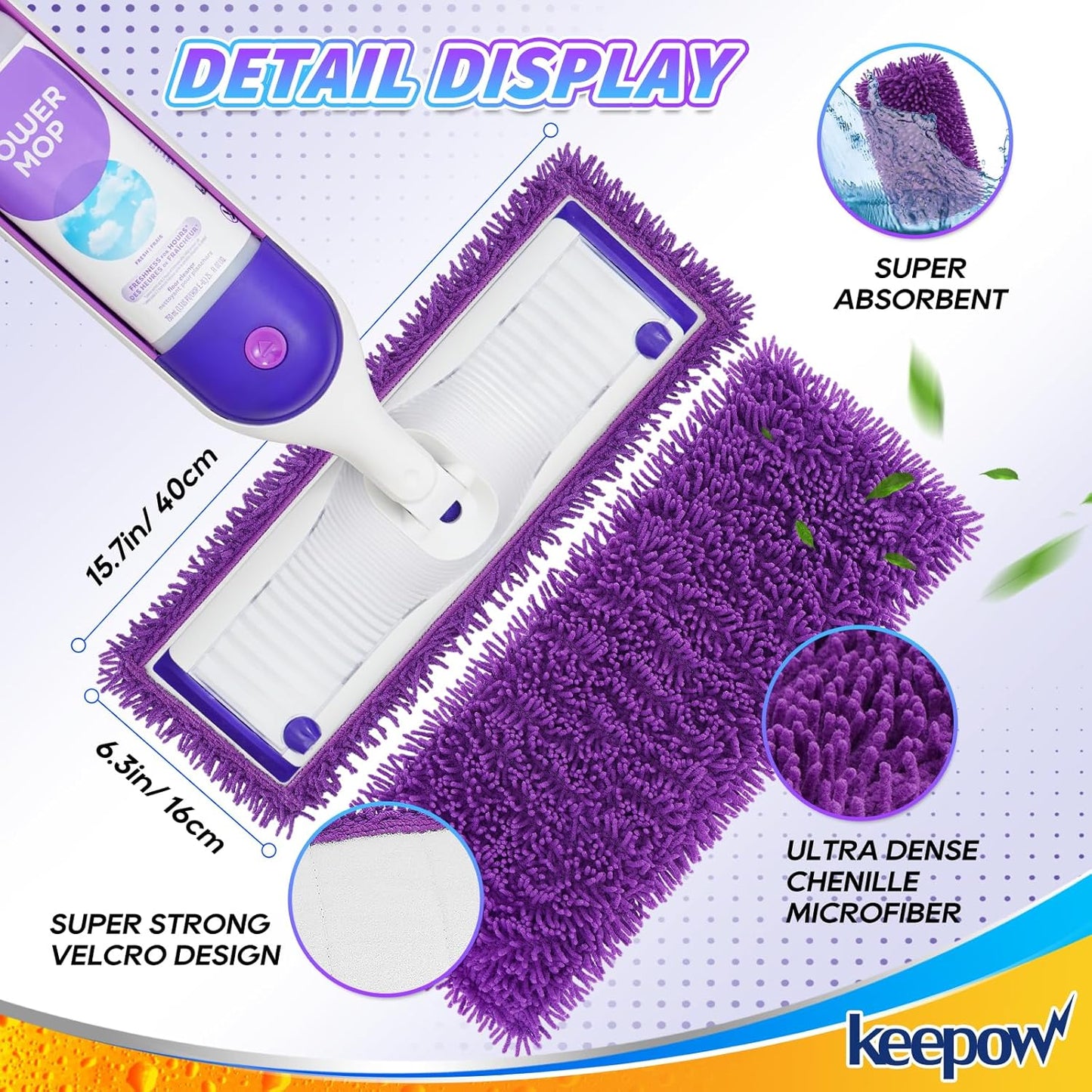 KEEPOW Reusable Microfiber Mop Pads Compatible with Swiffer PowerMop 4 Pack, Power Mop Pads Refills for 13 ''-15 '' Spray Mop, Machine Washable Pad Replacement for Multi-Surface Floor Cleaning