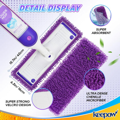 KEEPOW Reusable Microfiber Mop Pads Compatible with Swiffer PowerMop 4 Pack, Power Mop Pads Refills for 13 ''-15 '' Spray Mop, Machine Washable Pad Replacement for Multi-Surface Floor Cleaning