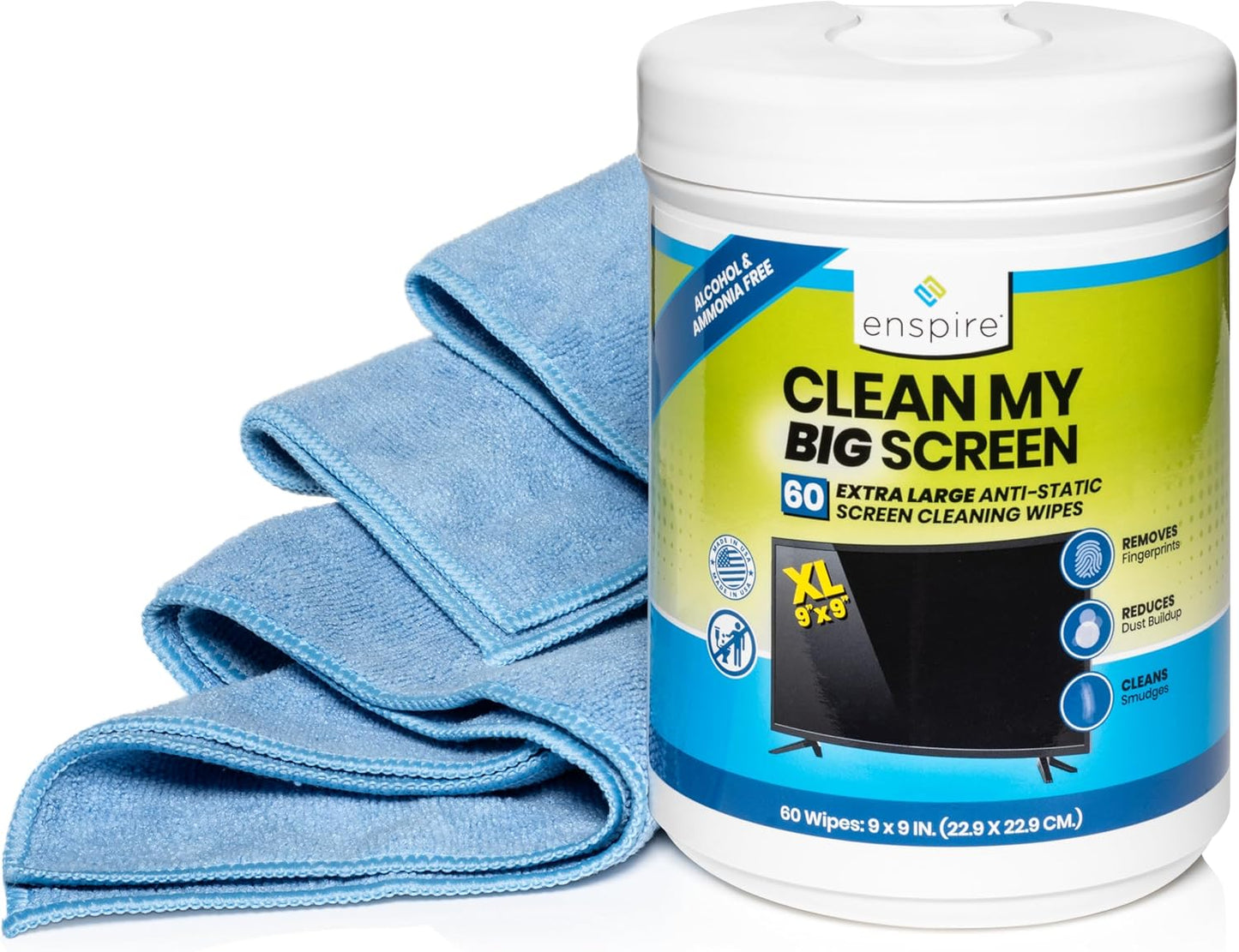 enspire; Clean My Big Screen; Extra Large Electronics Cleaning Wipes; 60 Count & Microfiber Towel Value Pack (905259PT)