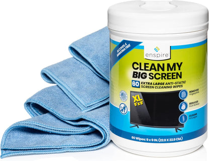 enspire; Clean My Big Screen; Extra Large Electronics Cleaning Wipes; 60 Count & Microfiber Towel Value Pack (905259PT)