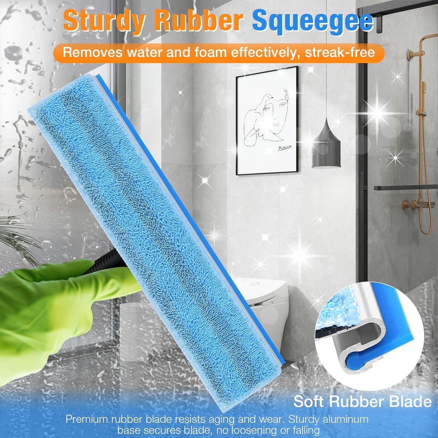Window Squeegee for Home Window Cleaning – Squeegee and Microfiber Window Scrubber, Glass Squeegee for Shower Glass Door,Mirror,Car Windshield,Bathroom,Household Window Cleaner Tool,13.8",Blue