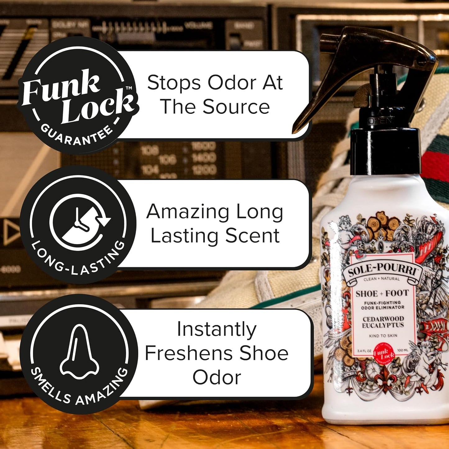 Sole-Pourri Shoe Deodorizer + Foot Spray, 3.4 Fl Oz, Up to 150 Uses, Funk-Fighting Odor Freshener with Essential Oils, for Smelly Shoes, Feet & Gym Bags, Citrus & Mint Scent