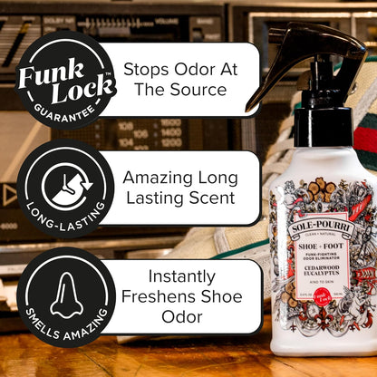 Sole-Pourri Shoe Deodorizer + Foot Spray, 3.4 Fl Oz, Up to 150 Uses, Funk-Fighting Odor Freshener with Essential Oils, for Smelly Shoes, Feet & Gym Bags, Citrus & Mint Scent