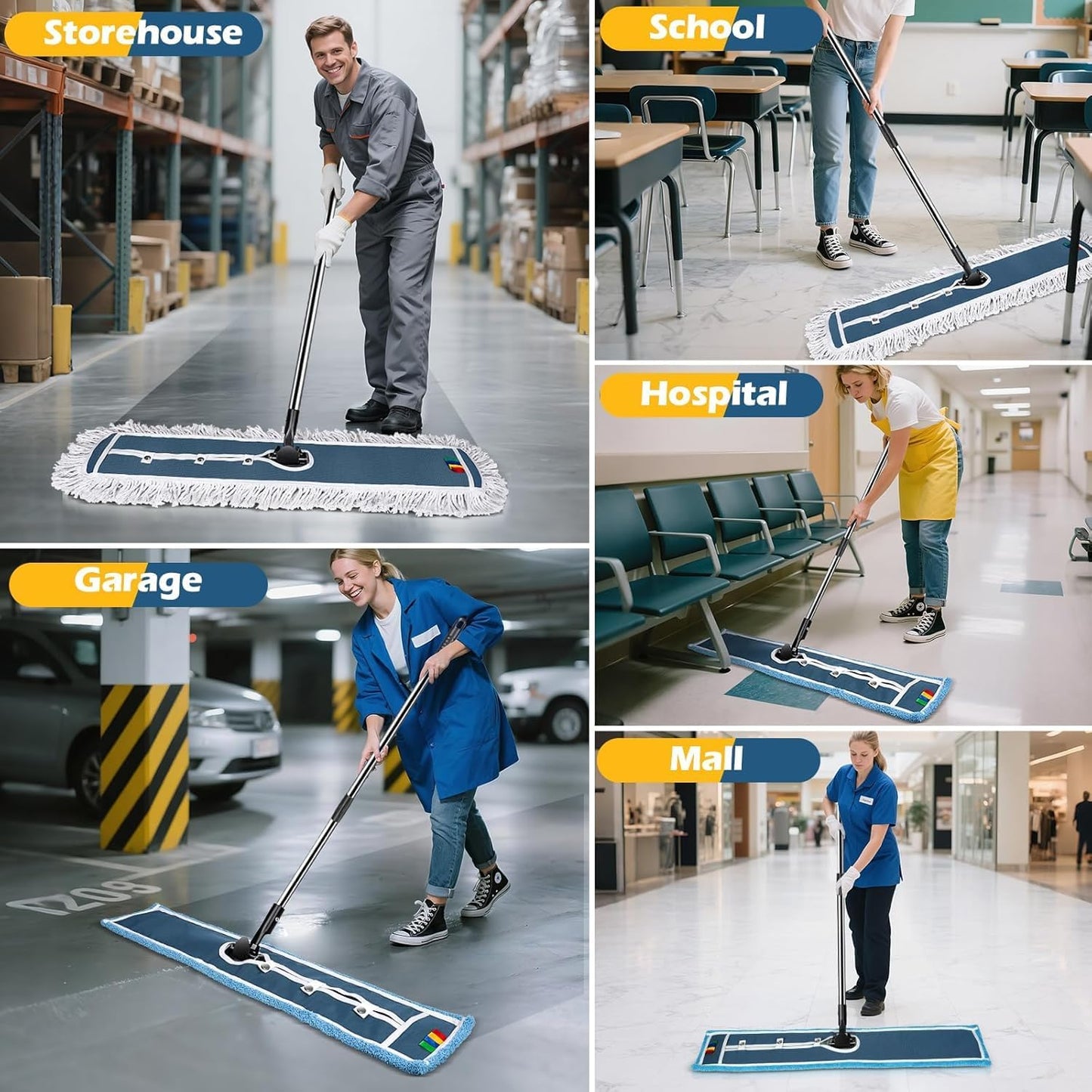 42" Commercial Dust Mop for Floor Cleaning, MASTERTOP Large Flat Mop with Long Handle, Sweeping Broom with 2 Different Mops Pads, Industrial Mop for Hardwood, Tile, Gym, Office, Mall, Warehouse