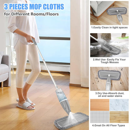 Microfiber Spray Mop for Floors Cleaning: Wet Dry Hardwood Floor Mops with 3 Washable Reusable Pads for Swiffer Powermop - Flat Mop with Sprayer for Tile Wood Laminate Vinyl Marble
