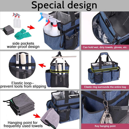 Large Cleaning Caddy Bag Built-in Sturdy Support Board, Cleaning Organizer with Detachable Divider, Cleaning Supply Tote with Adjustable Shoulder Strap&Waist Belt for Cleaners & Housekeeper