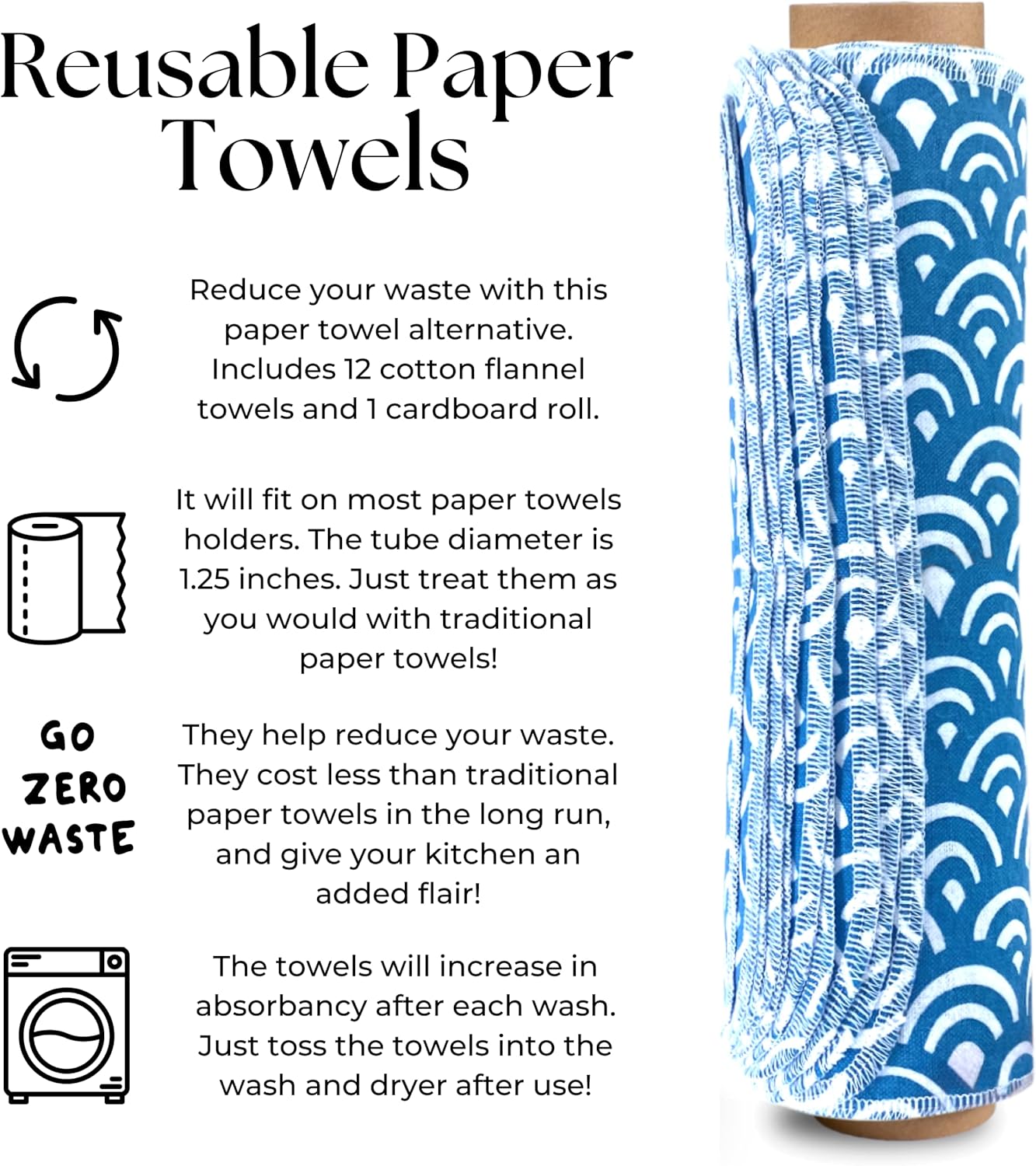 The Useless Brand Reusable Paper Towels Roll | 12 Eco Friendly Washable Cotton Flannel Towels w/Cardboard Roll | Zero Waste & Sustainable | Fits on Most Holders (Lemons, 12 Pack)