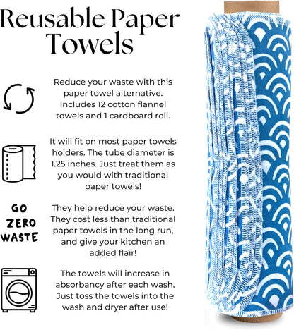 The Useless Brand Reusable Paper Towels Roll | 12 Eco Friendly Washable Cotton Flannel Towels w/Cardboard Roll | Zero Waste & Sustainable | Fits on Most Holders (Lemons, 12 Pack)