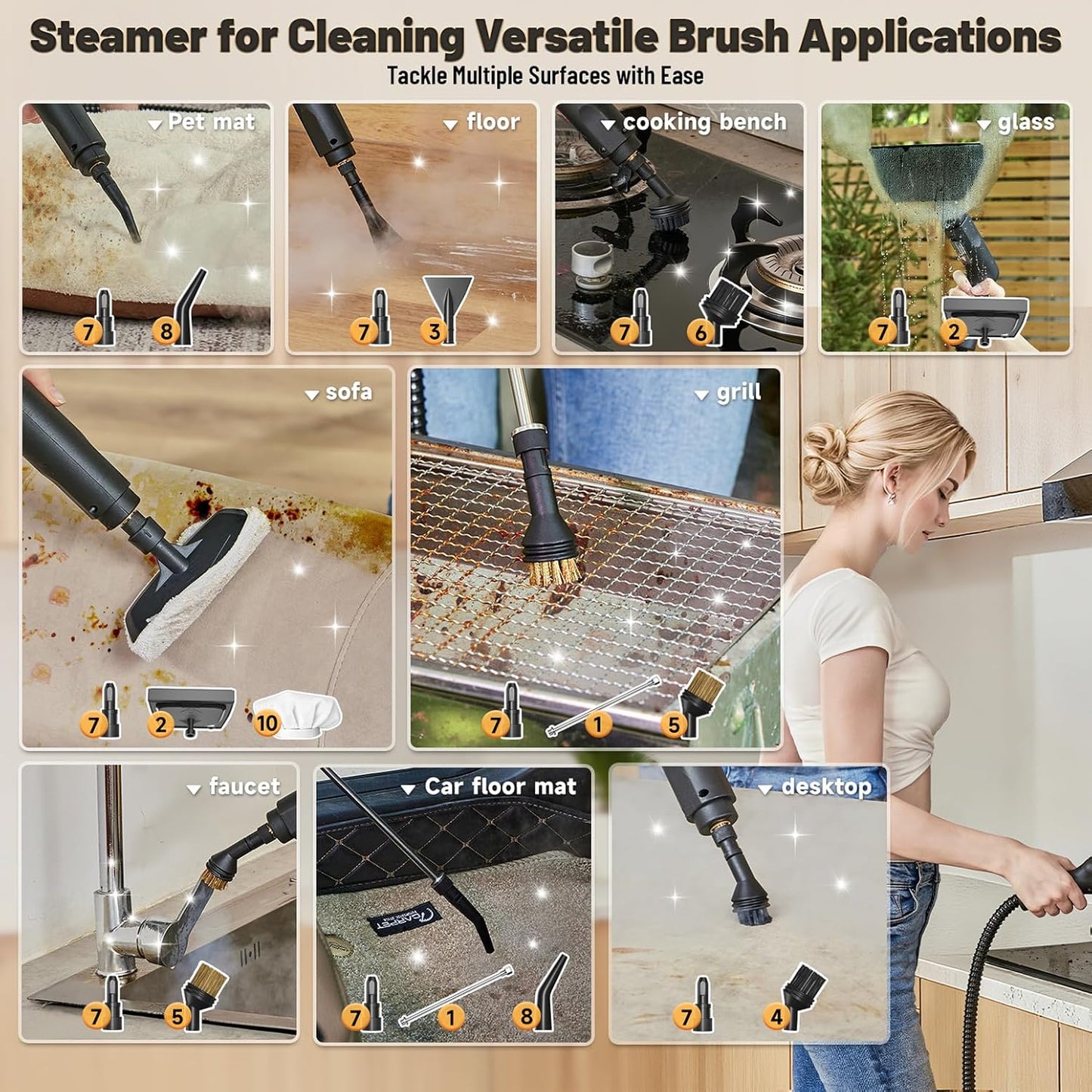 Steam Cleaner, 3 Level Adjustable Handle, 15s Heat Up, 1.69 Quarts Tank, Portable Steamer for Cleaning with 15 pcs Accessories, Steam Cleaner for Home for Dirt, Grease, Grout, Tile,Floor, Car