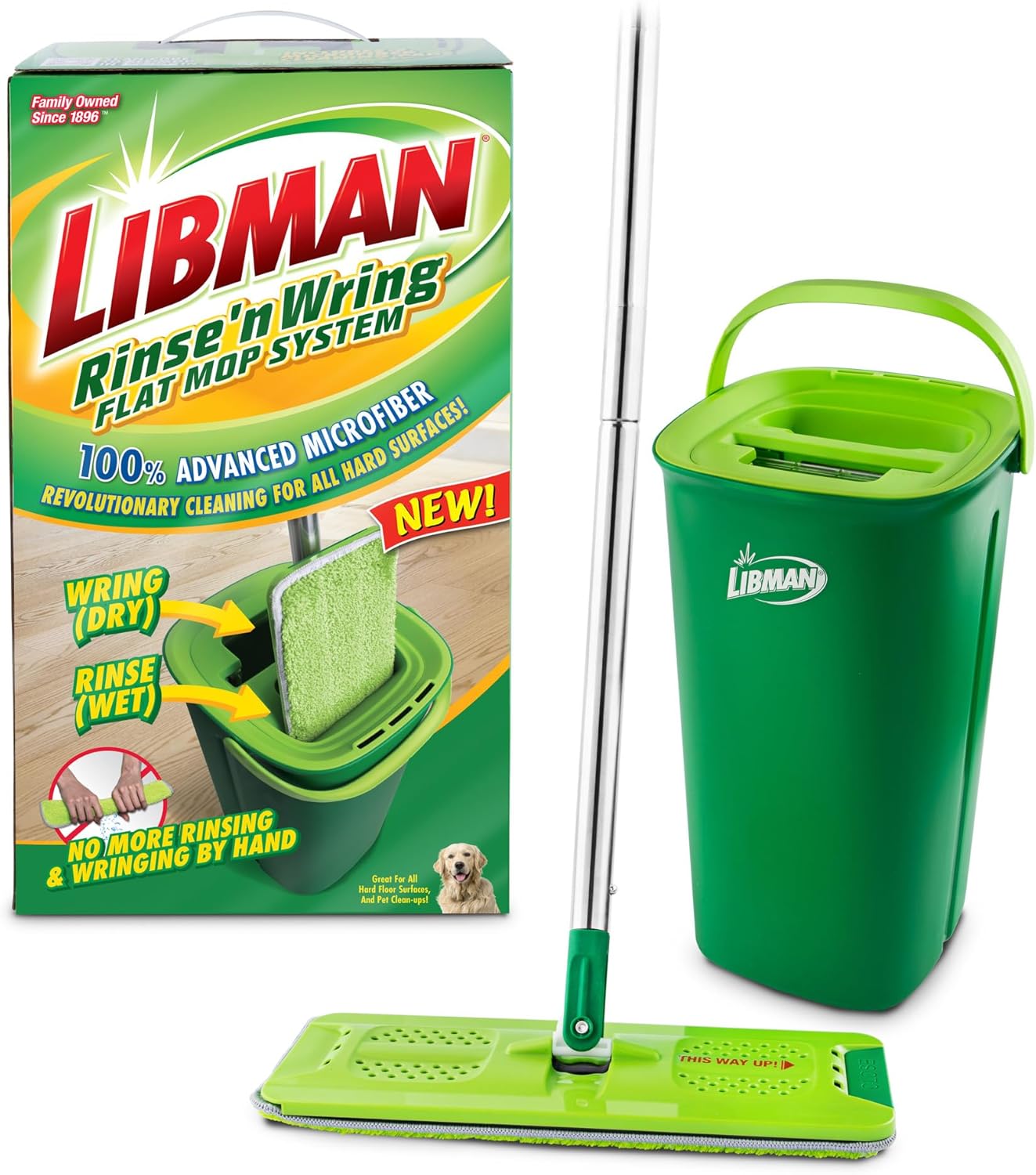 Libman Rinse 'n Wring Mop and Bucket System, Microfiber Dry Wet Mop for Floor Cleaning, Hardwood, Laminate, Tile Cleaner, Dual Chamber Bucket Design, 2 Total Refill Replacement Head Pads